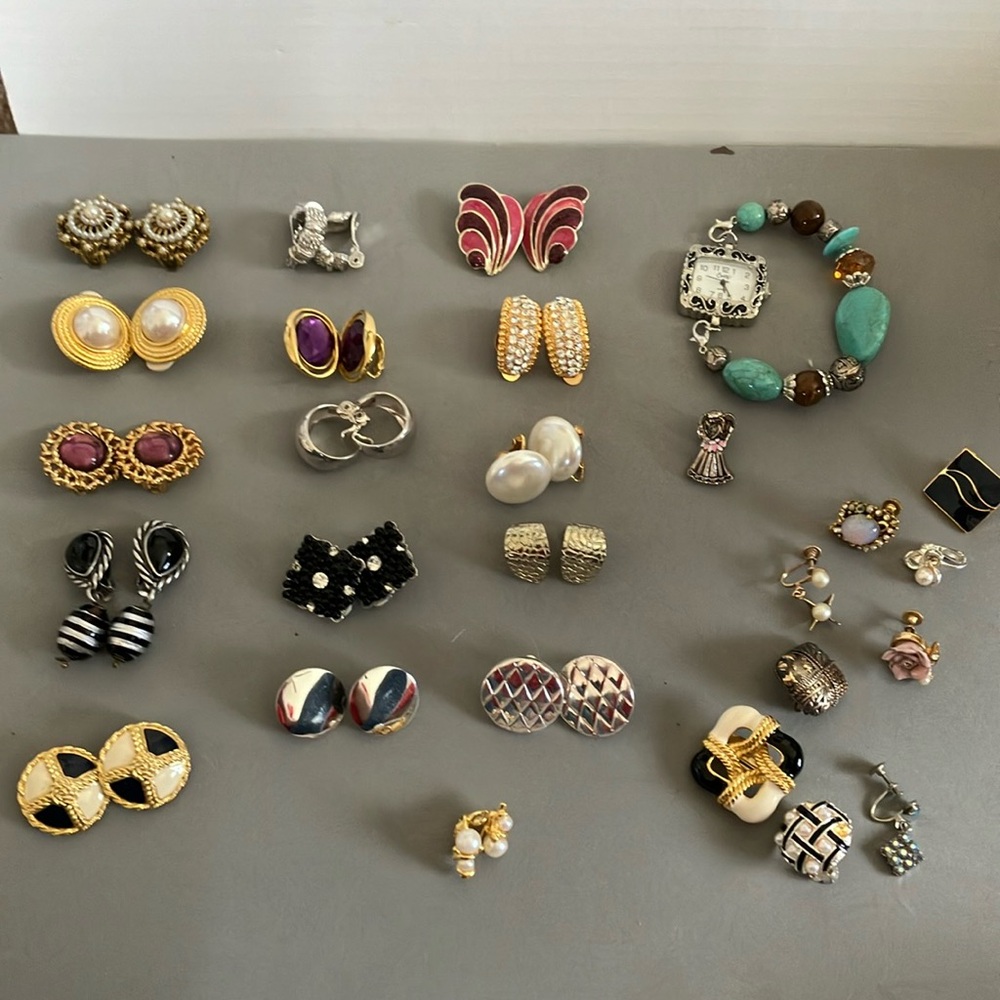 Lot of Clip-on/Screw-on Costume Earrings — 16 sets, 9 singles, 1 Beehive Watch